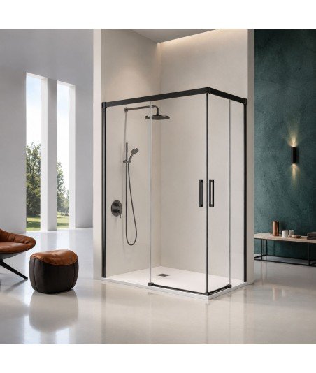 Mampara de ducha 2 fijos y dos correderas negra angular ® Glasé GS607
