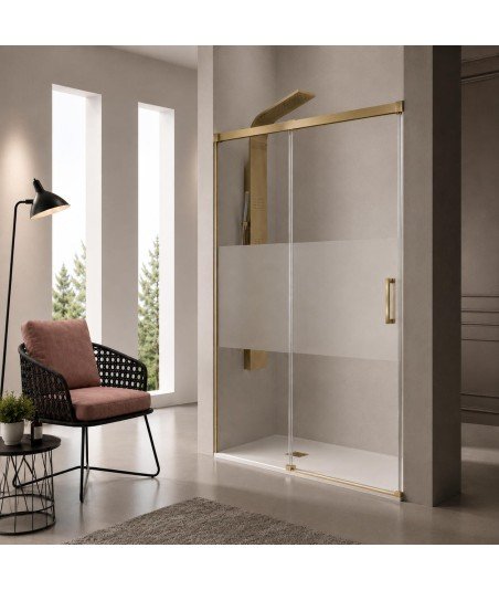 Mampara oro cepillado 1 fijo + 1 puerta corredera ✓ Glasé GS102