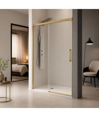 Mampara ducha en oro cepillado fijo + corredera Glasé