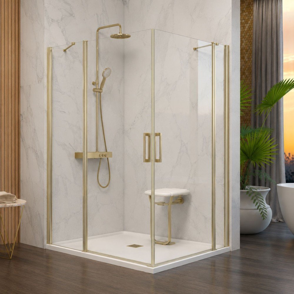 Mampara angular oro cepillado 2 fijos y 2 puertas abatibles Nardi