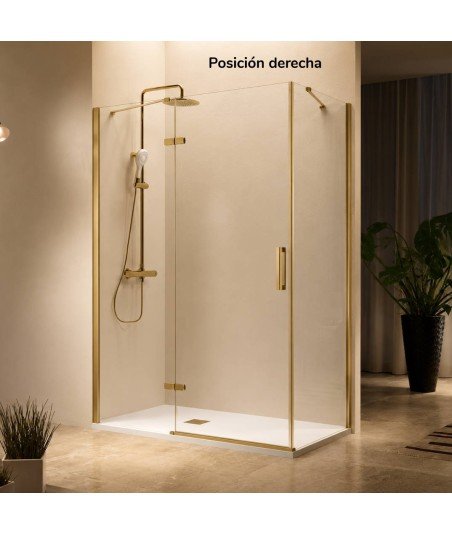 Mampara de ducha oro cepillado rectangular 2 fijos y puerta abatible Nardi