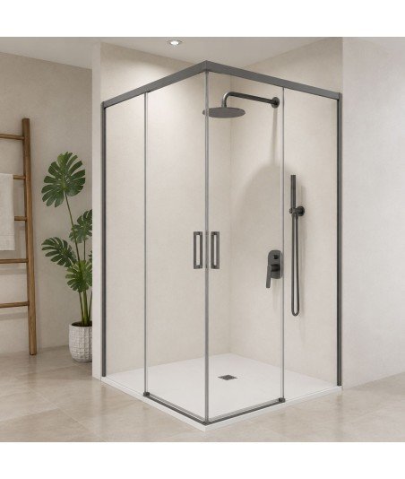 Mampara ducha angular Black Gun Metal 2 fijos y 2 correderas Stylo SBX IMEX