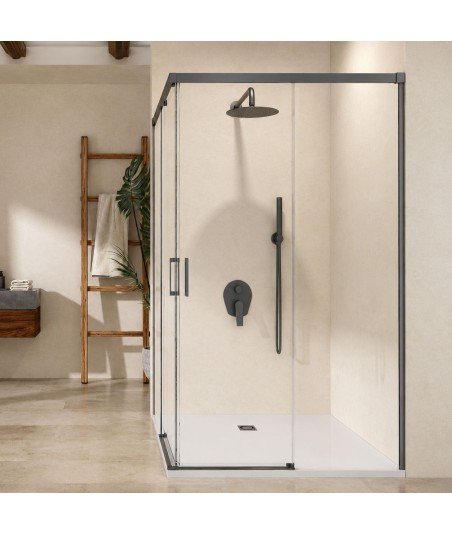 Mampara ducha angular Black Gun Metal 2 fijos y 2 correderas Stylo SBX IMEX