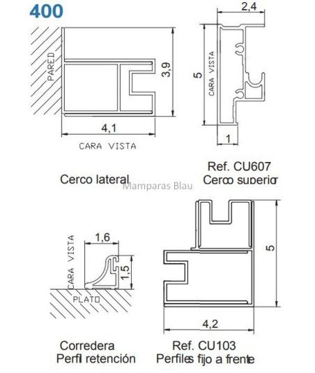Mampara de ducha rectangular 2 fijos y 1 corredera  | Serie 400 CU103