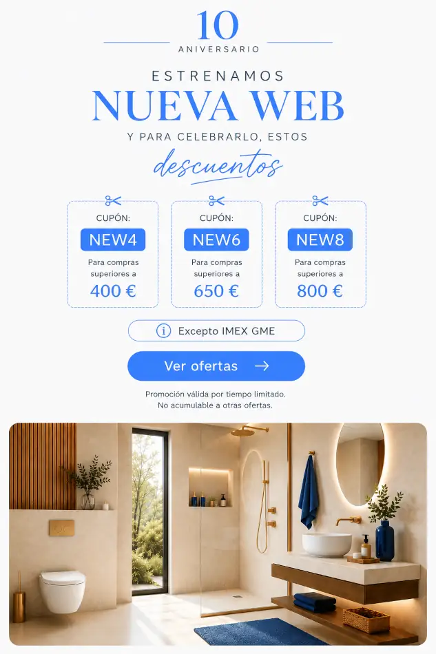 Promoción nueva web Mamparas Blau con cupones NEW4, NEW6 y NEW8