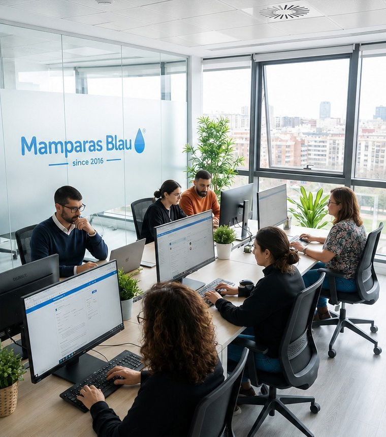 Equipo de Mamparas Blau atendiendo pedidos y asesoramiento de baño